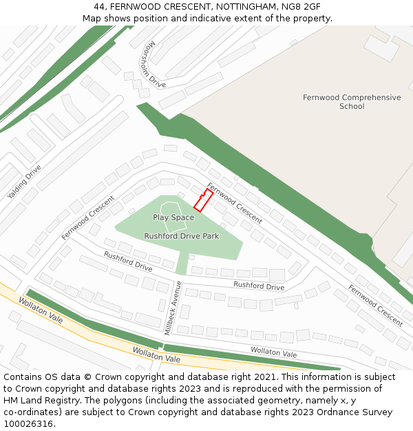 44, FERNWOOD CRESCENT, NOTTINGHAM, NG8 2GF: Location map and indicative extent of plot