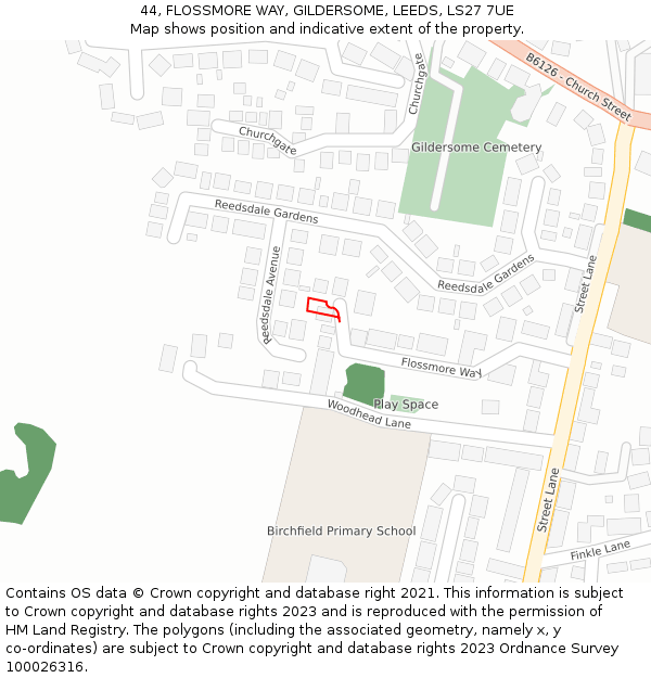 44, FLOSSMORE WAY, GILDERSOME, LEEDS, LS27 7UE: Location map and indicative extent of plot