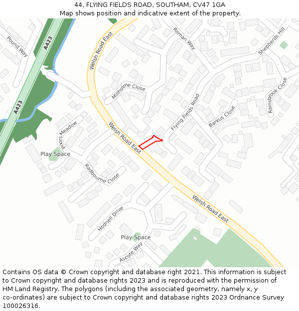44, FLYING FIELDS ROAD, SOUTHAM, CV47 1GA: Location map and indicative extent of plot