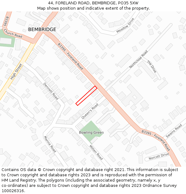 44, FORELAND ROAD, BEMBRIDGE, PO35 5XW: Location map and indicative extent of plot