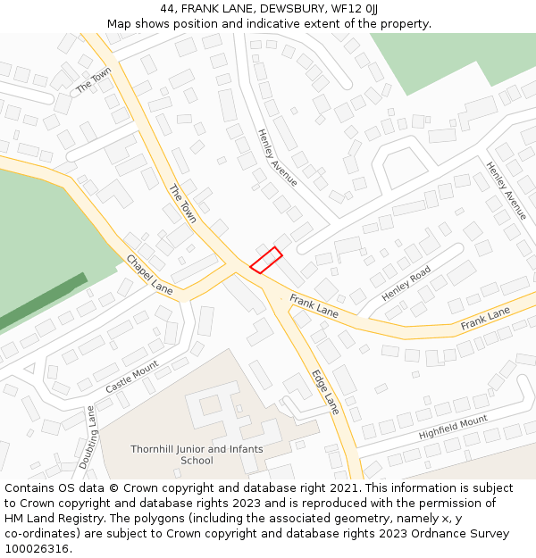 44, FRANK LANE, DEWSBURY, WF12 0JJ: Location map and indicative extent of plot