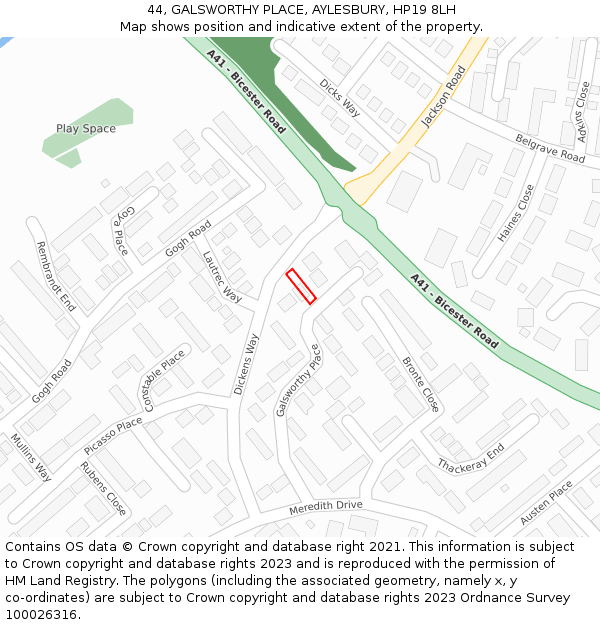 44, GALSWORTHY PLACE, AYLESBURY, HP19 8LH: Location map and indicative extent of plot