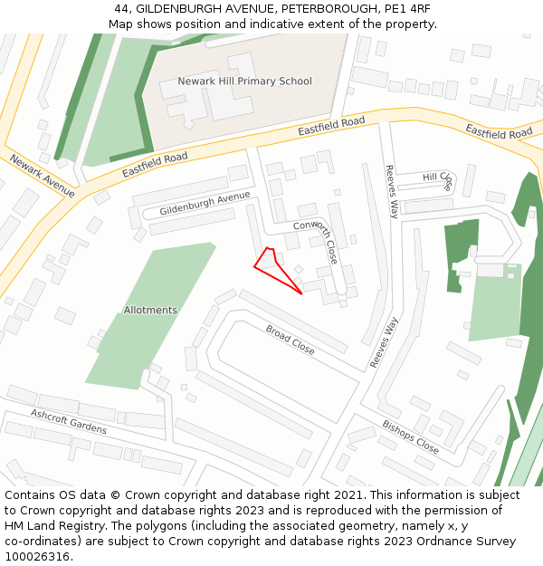 44, GILDENBURGH AVENUE, PETERBOROUGH, PE1 4RF: Location map and indicative extent of plot