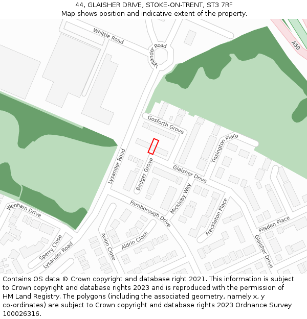 44, GLAISHER DRIVE, STOKE-ON-TRENT, ST3 7RF: Location map and indicative extent of plot