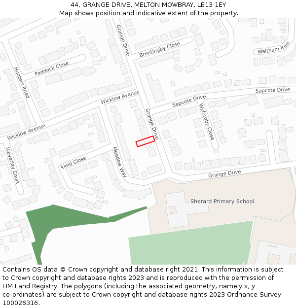 44, GRANGE DRIVE, MELTON MOWBRAY, LE13 1EY: Location map and indicative extent of plot