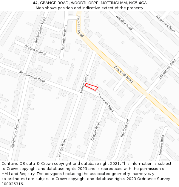 44, GRANGE ROAD, WOODTHORPE, NOTTINGHAM, NG5 4GA: Location map and indicative extent of plot