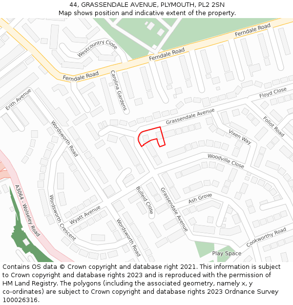 44, GRASSENDALE AVENUE, PLYMOUTH, PL2 2SN: Location map and indicative extent of plot