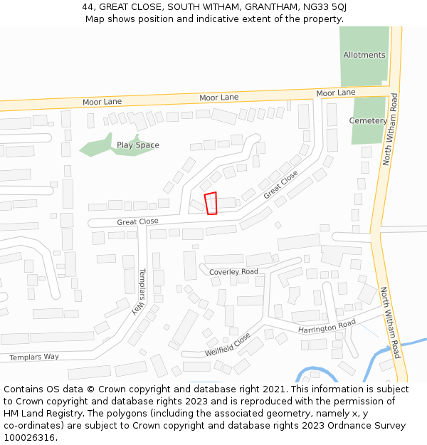 44, GREAT CLOSE, SOUTH WITHAM, GRANTHAM, NG33 5QJ: Location map and indicative extent of plot