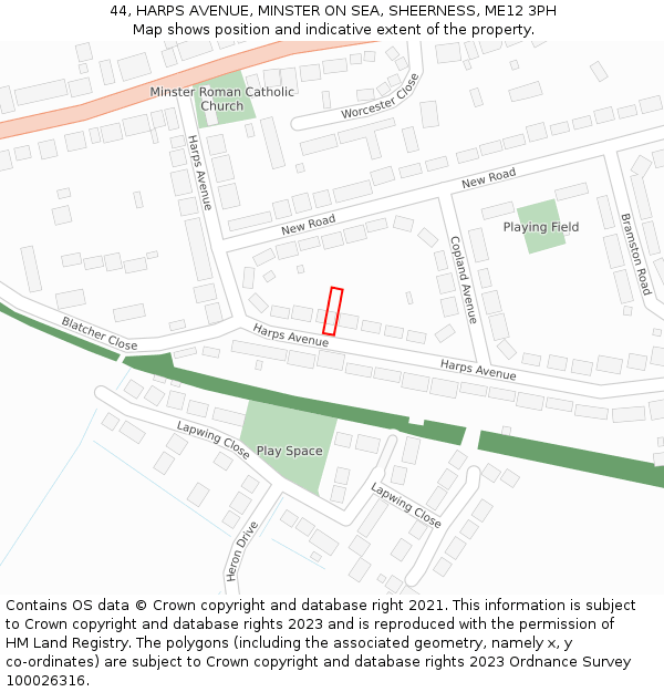 44, HARPS AVENUE, MINSTER ON SEA, SHEERNESS, ME12 3PH: Location map and indicative extent of plot