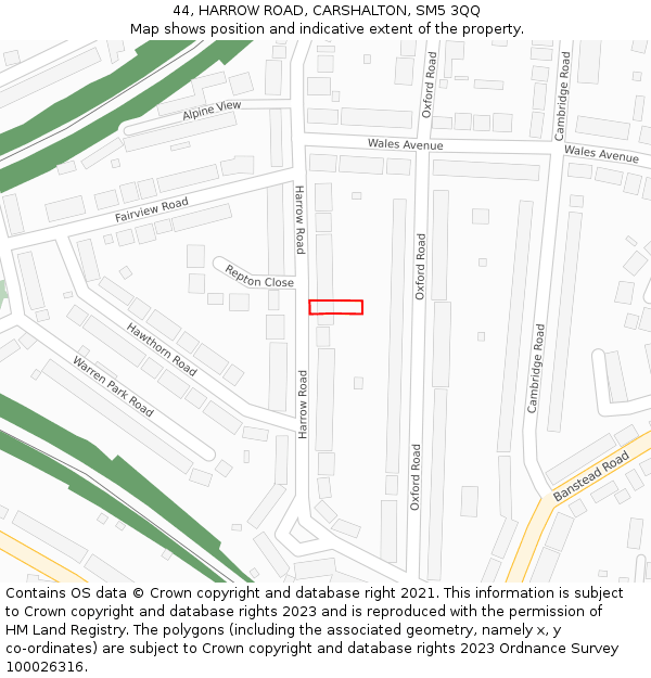 44, HARROW ROAD, CARSHALTON, SM5 3QQ: Location map and indicative extent of plot