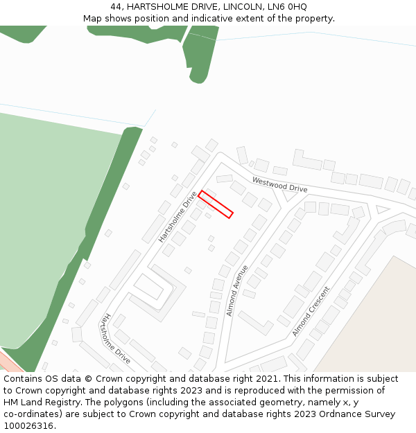 44, HARTSHOLME DRIVE, LINCOLN, LN6 0HQ: Location map and indicative extent of plot