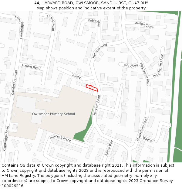 44, HARVARD ROAD, OWLSMOOR, SANDHURST, GU47 0UY: Location map and indicative extent of plot