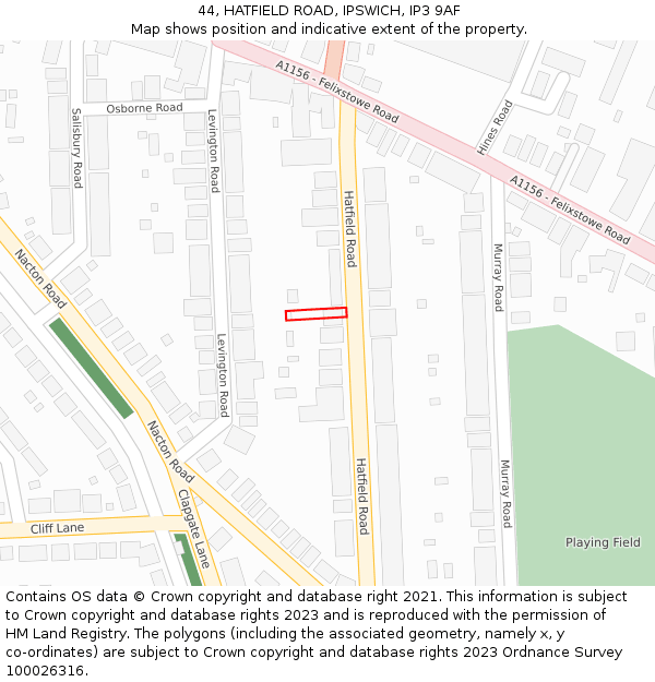 44, HATFIELD ROAD, IPSWICH, IP3 9AF: Location map and indicative extent of plot