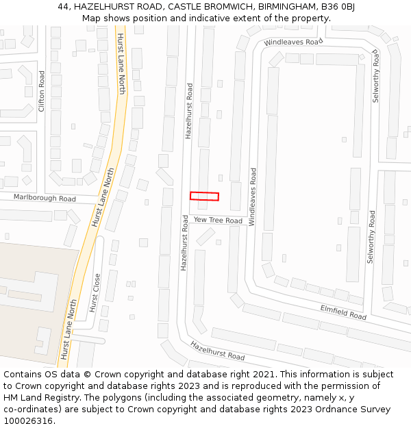 44, HAZELHURST ROAD, CASTLE BROMWICH, BIRMINGHAM, B36 0BJ: Location map and indicative extent of plot