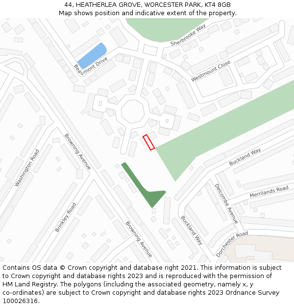 44, HEATHERLEA GROVE, WORCESTER PARK, KT4 8GB: Location map and indicative extent of plot