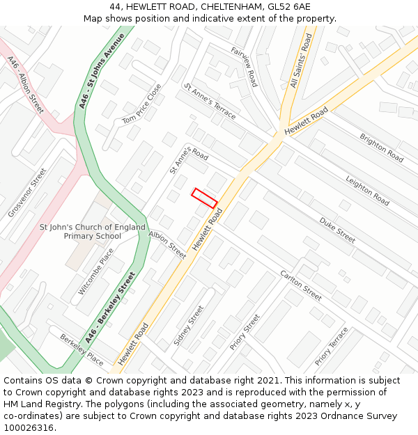 44, HEWLETT ROAD, CHELTENHAM, GL52 6AE: Location map and indicative extent of plot