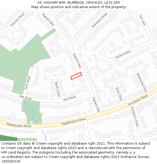 44, HIGHAM WAY, BURBAGE, HINCKLEY, LE10 2PX: Location map and indicative extent of plot