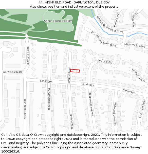 44, HIGHFIELD ROAD, DARLINGTON, DL3 0DY: Location map and indicative extent of plot