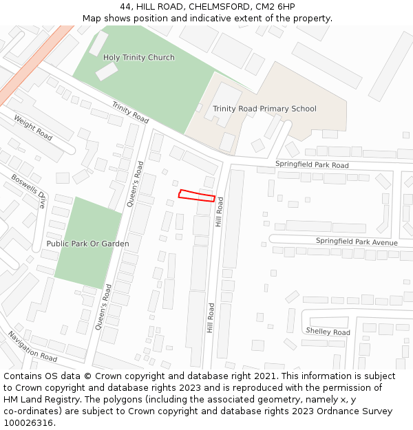 44, HILL ROAD, CHELMSFORD, CM2 6HP: Location map and indicative extent of plot