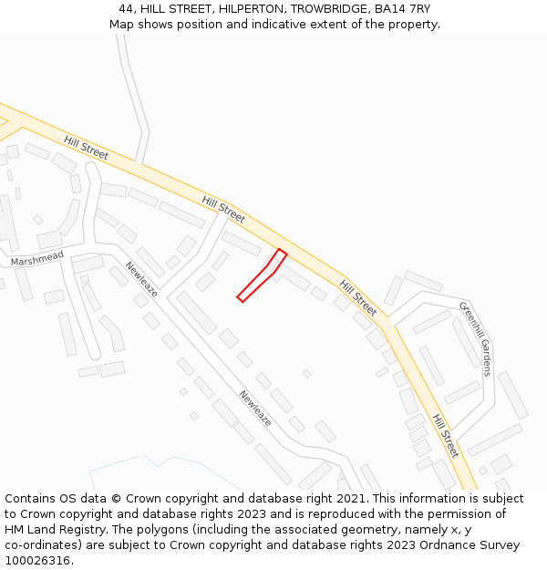 44, HILL STREET, HILPERTON, TROWBRIDGE, BA14 7RY: Location map and indicative extent of plot