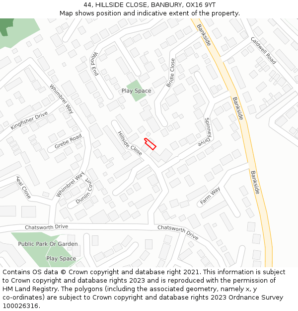 44, HILLSIDE CLOSE, BANBURY, OX16 9YT: Location map and indicative extent of plot