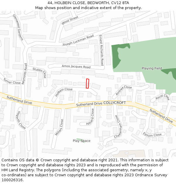 44, HOLBEIN CLOSE, BEDWORTH, CV12 8TA: Location map and indicative extent of plot
