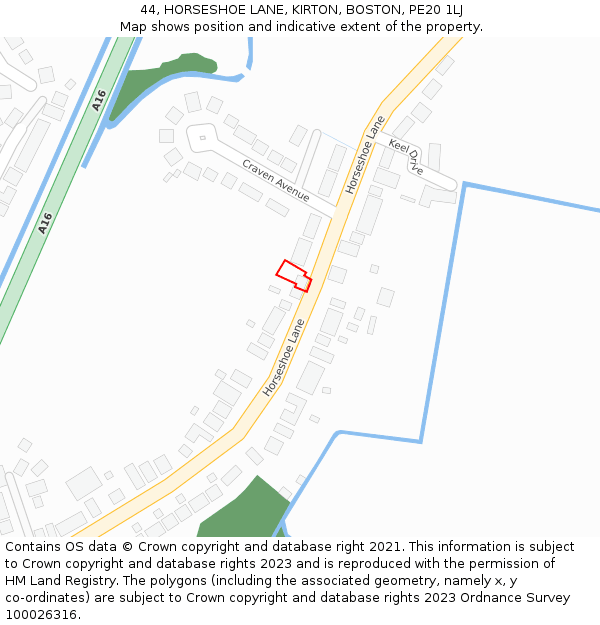 44, HORSESHOE LANE, KIRTON, BOSTON, PE20 1LJ: Location map and indicative extent of plot