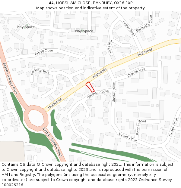44, HORSHAM CLOSE, BANBURY, OX16 1XP: Location map and indicative extent of plot