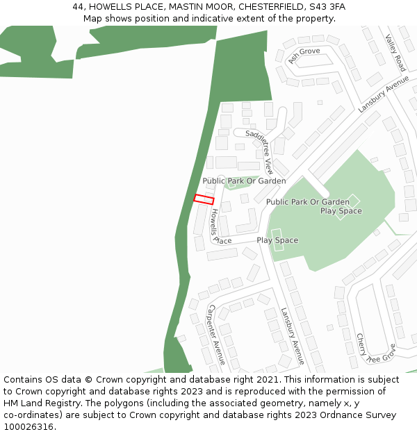 44, HOWELLS PLACE, MASTIN MOOR, CHESTERFIELD, S43 3FA: Location map and indicative extent of plot