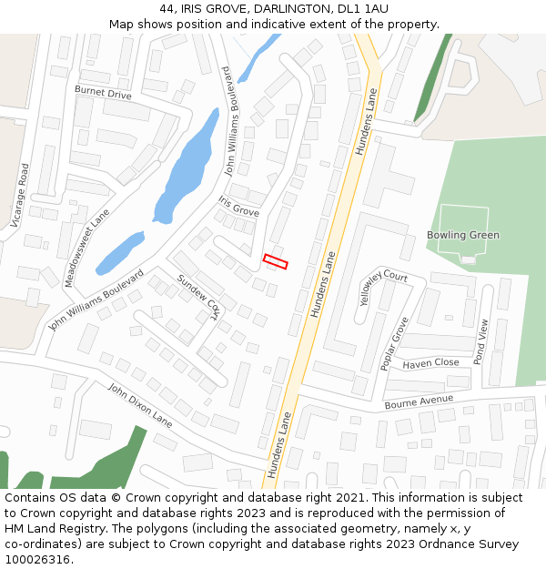 44, IRIS GROVE, DARLINGTON, DL1 1AU: Location map and indicative extent of plot
