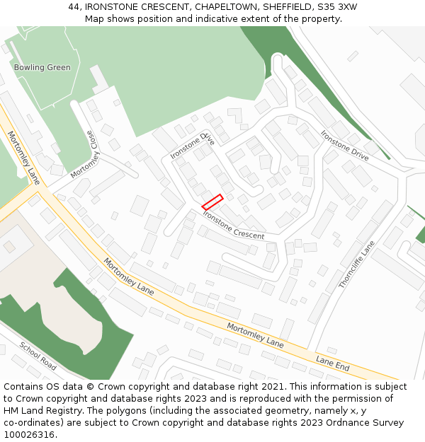 44, IRONSTONE CRESCENT, CHAPELTOWN, SHEFFIELD, S35 3XW: Location map and indicative extent of plot