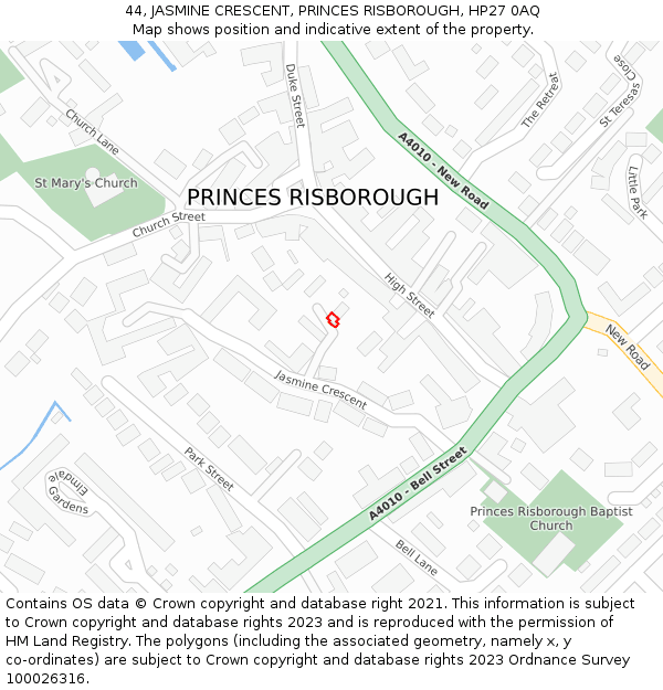 44, JASMINE CRESCENT, PRINCES RISBOROUGH, HP27 0AQ: Location map and indicative extent of plot