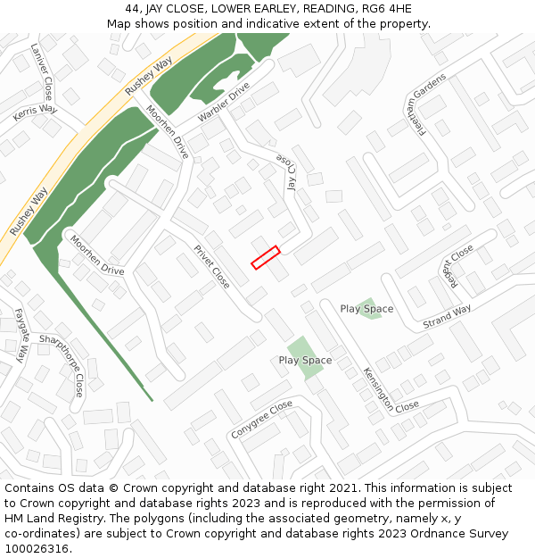 44, JAY CLOSE, LOWER EARLEY, READING, RG6 4HE: Location map and indicative extent of plot