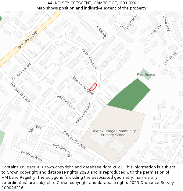 44, KELSEY CRESCENT, CAMBRIDGE, CB1 9XX: Location map and indicative extent of plot