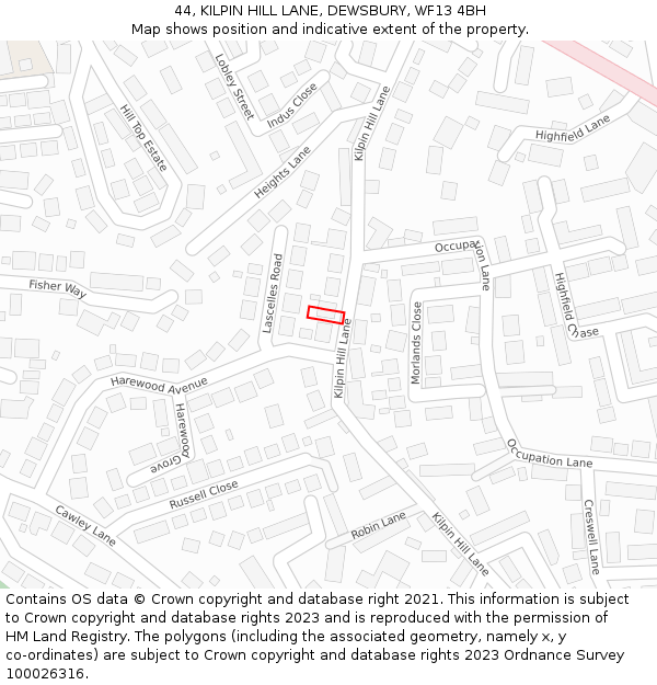 44, KILPIN HILL LANE, DEWSBURY, WF13 4BH: Location map and indicative extent of plot