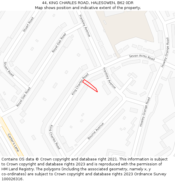 44, KING CHARLES ROAD, HALESOWEN, B62 0DR: Location map and indicative extent of plot