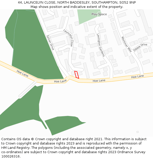 44, LAUNCELYN CLOSE, NORTH BADDESLEY, SOUTHAMPTON, SO52 9NP: Location map and indicative extent of plot