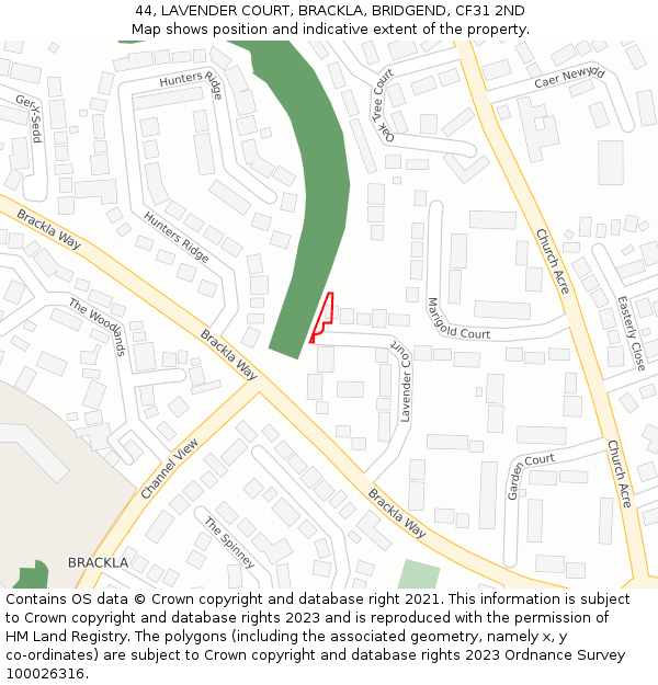 44, LAVENDER COURT, BRACKLA, BRIDGEND, CF31 2ND: Location map and indicative extent of plot
