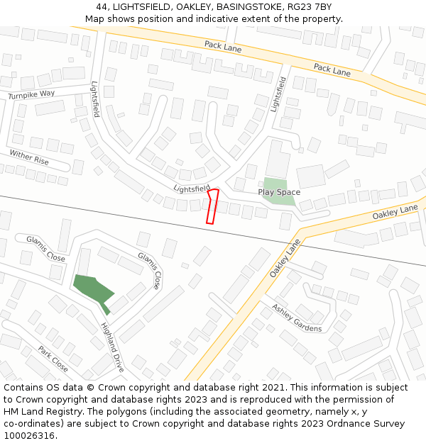 44, LIGHTSFIELD, OAKLEY, BASINGSTOKE, RG23 7BY: Location map and indicative extent of plot