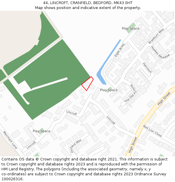 44, LINCROFT, CRANFIELD, BEDFORD, MK43 0HT: Location map and indicative extent of plot