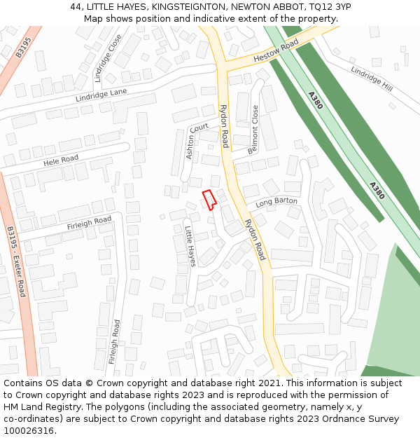 44, LITTLE HAYES, KINGSTEIGNTON, NEWTON ABBOT, TQ12 3YP: Location map and indicative extent of plot