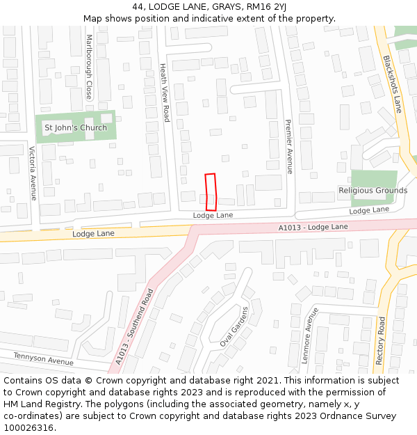 44, LODGE LANE, GRAYS, RM16 2YJ: Location map and indicative extent of plot