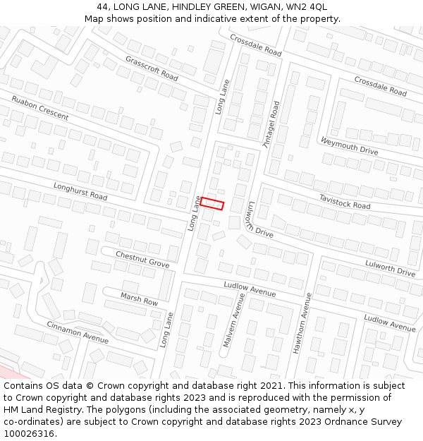 44, LONG LANE, HINDLEY GREEN, WIGAN, WN2 4QL: Location map and indicative extent of plot