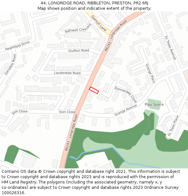 44, LONGRIDGE ROAD, RIBBLETON, PRESTON, PR2 6RJ: Location map and indicative extent of plot