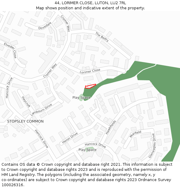 44, LORIMER CLOSE, LUTON, LU2 7RL: Location map and indicative extent of plot