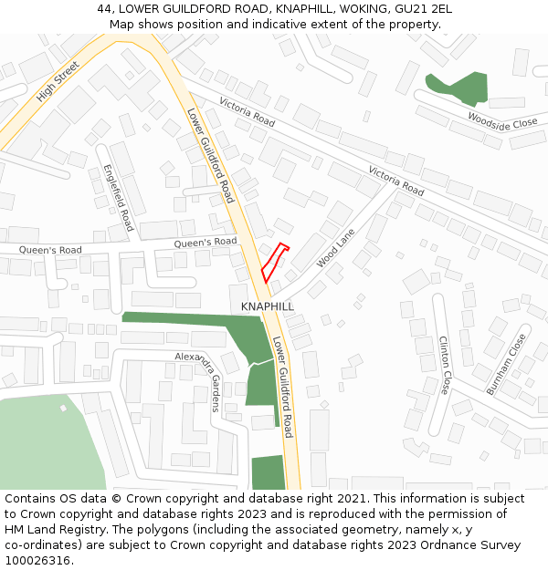 44, LOWER GUILDFORD ROAD, KNAPHILL, WOKING, GU21 2EL: Location map and indicative extent of plot
