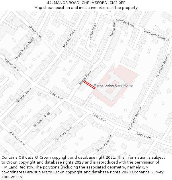 44, MANOR ROAD, CHELMSFORD, CM2 0EP: Location map and indicative extent of plot