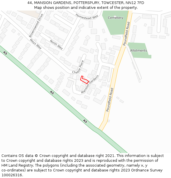 44, MANSION GARDENS, POTTERSPURY, TOWCESTER, NN12 7FD: Location map and indicative extent of plot