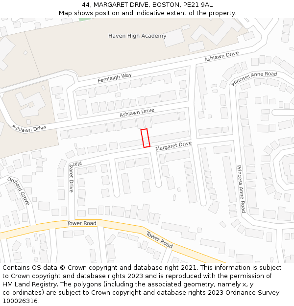 44, MARGARET DRIVE, BOSTON, PE21 9AL: Location map and indicative extent of plot