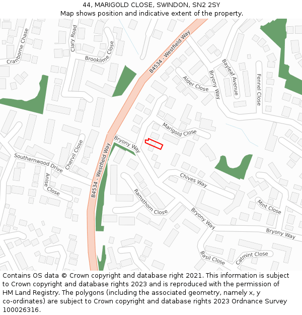 44, MARIGOLD CLOSE, SWINDON, SN2 2SY: Location map and indicative extent of plot